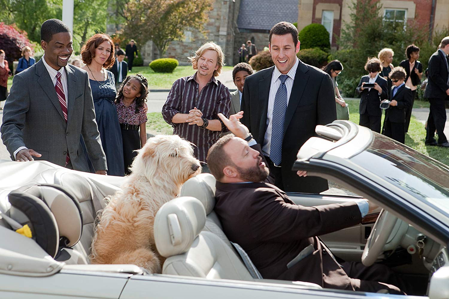 Short-haired Terrier riding in the backseat of a car driven by Kevin James in Grown Ups