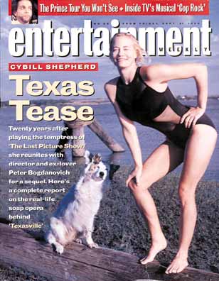 White-and-black Border Collie posing with a blond woman in a swimsuit for an Entertainment Weekly cover
