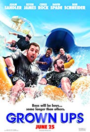 Adam Sandler, Kevin James, Chris Rock, David Spade, and Dan Schneider on yellow floaties riding down a water slide
