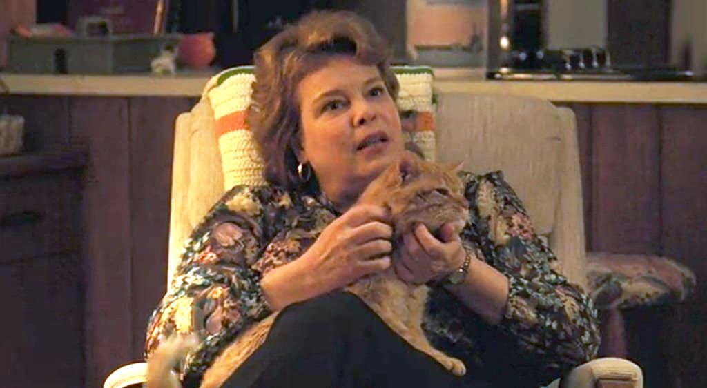 Curly-haired woman sitting in a chair petting an orange cat around the neck